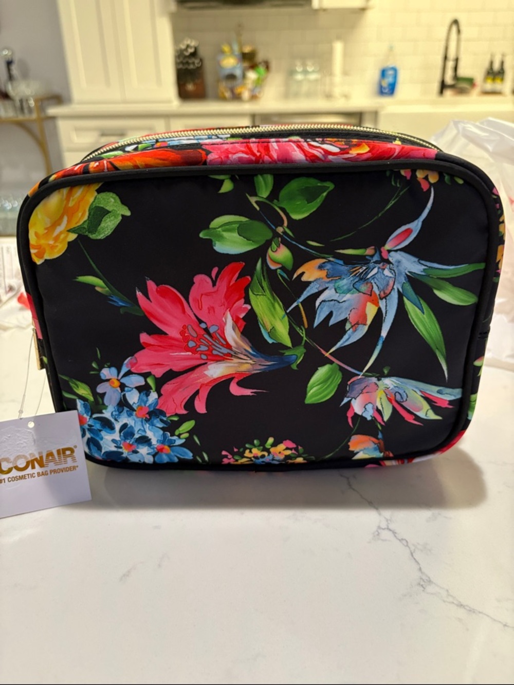 Conair Black Floral Cosmetic Bag with Multicolor Blooms - Picture 3 of 6